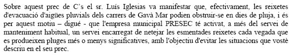Resposta de l'Ajuntament de Gav&agrave; al perc presentat per Ciutadans de Gav&agrave; reclamant la neteja dels embornals de Gav&agrave; Mar (27 de setembre de 2007)